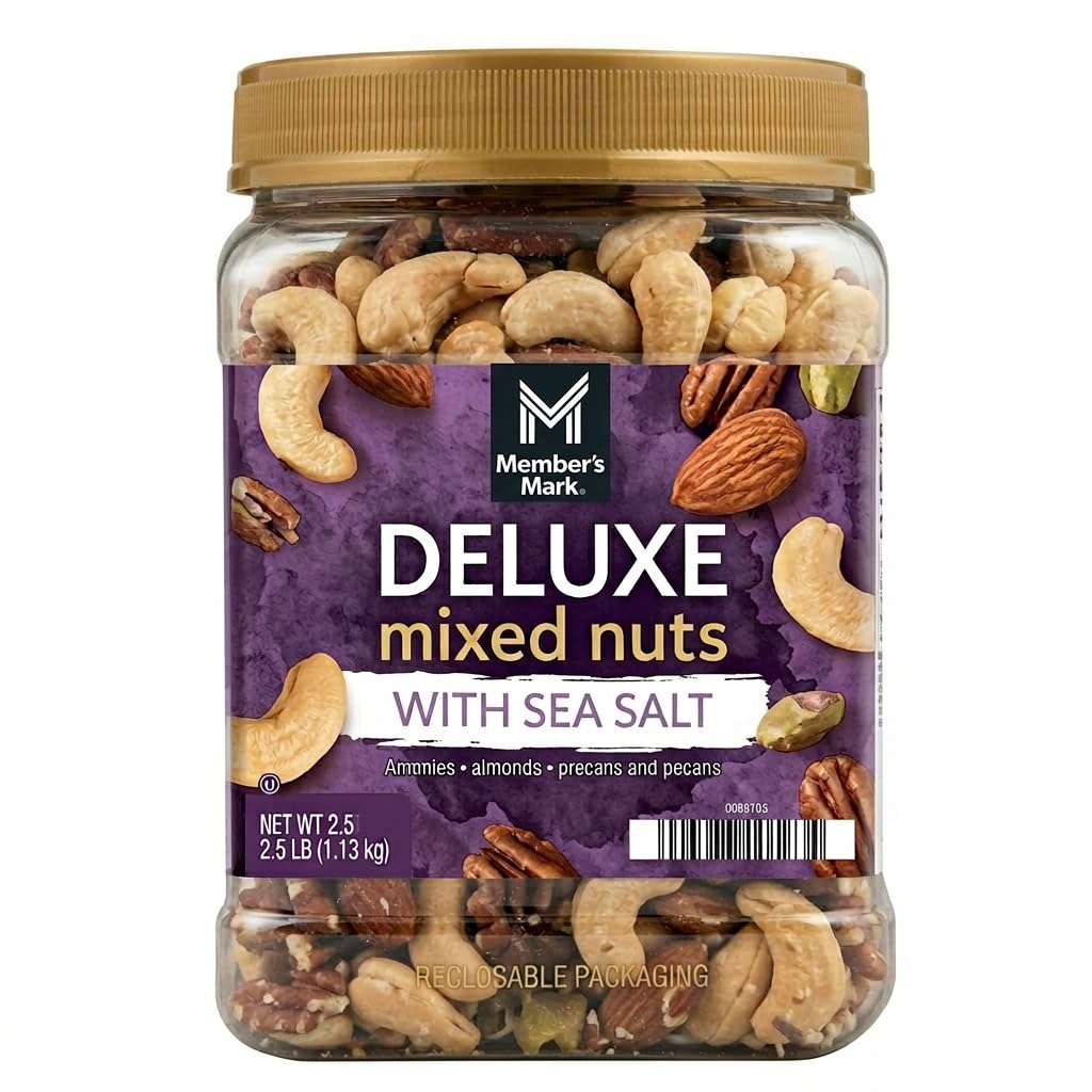 Mixed Nuts Deluxe With Sea Salted Snack Mix – Almonds Pecans Cashews Pistachios Nut Mix, Salty Snacks Adults, Roasted Cashews Salted Nut Snacks 34 oz Canister