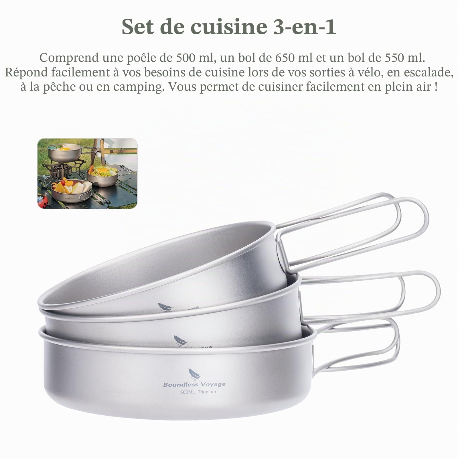 iBasingo Ensemble de casseroles et poêles en titane léger à suspendre pour le camping et l'extérieur, kit de cuisine portable avec poignée pliable