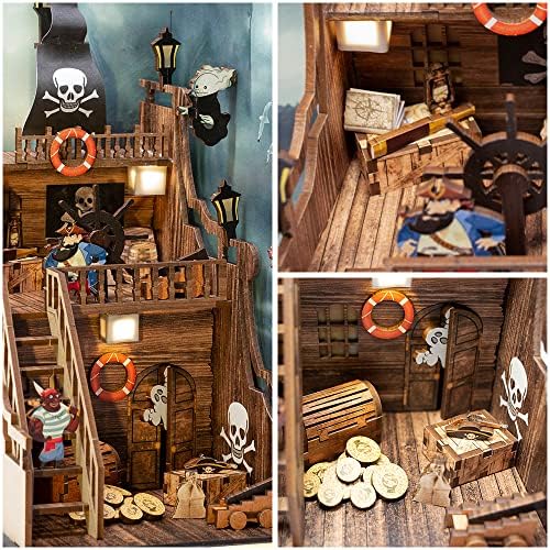 Cutefun Book Nook Kit DIY Miniature Dollhouse Kit Book Nook Bookshelf Insert Decor Alley-3D Wooden puzzle Bookends Model Building Kit with LED Light,Sea Hunter (YS04)