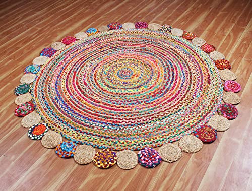 Indian Handmade Cotton Chindi Rugs Multicolor Round Area Rug Outdoor Doormats Jute Carpet (180 X 180 Cm (6 X 6 Round Feet)) #TOP2