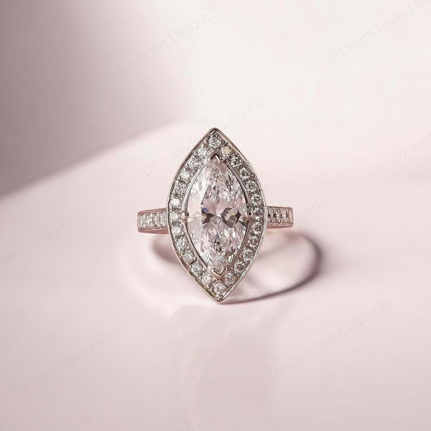 Marquise Cut Moissanite Double Halo Engagement Ring for Women 14K Rose Gold Pavé Band Statement Jewelry Anniversary Proposal Ring Gift for Her