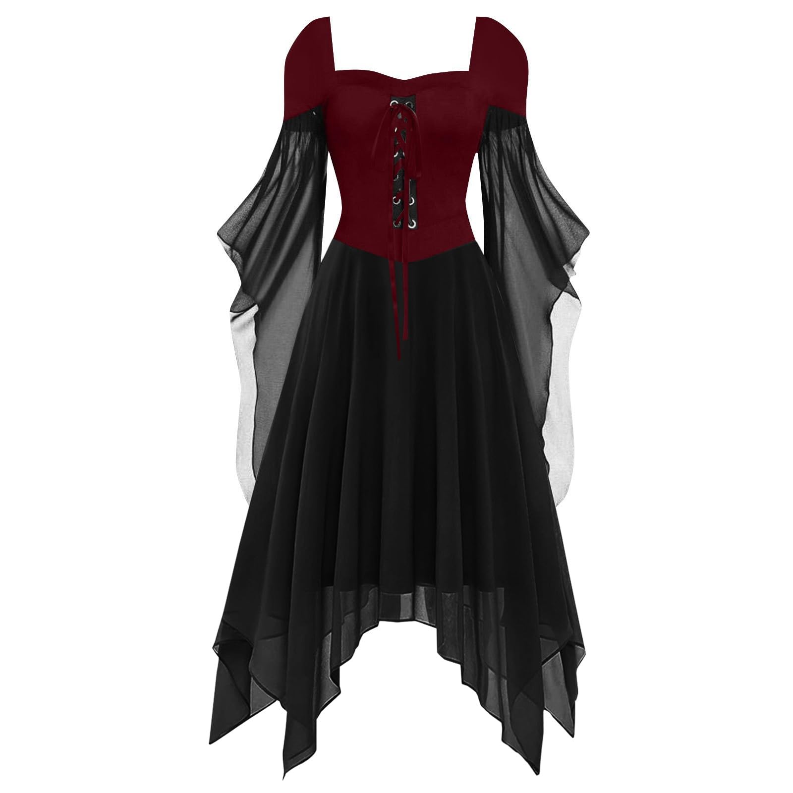 Costume di Halloween per carnevale, feste a tema, cosplay, abiti da cocktail da donna in taglie forti, alla moda, stile gotico, abito midi crossover, maniche lunghe svasate, lunghezza irregolare