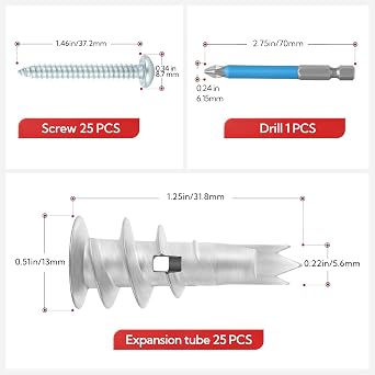 50pcs Drywall Anchors, Zinc Self-Drilling Anchor and Screw with Cross Groove Drill Bit, Fasteners Wall Anchors