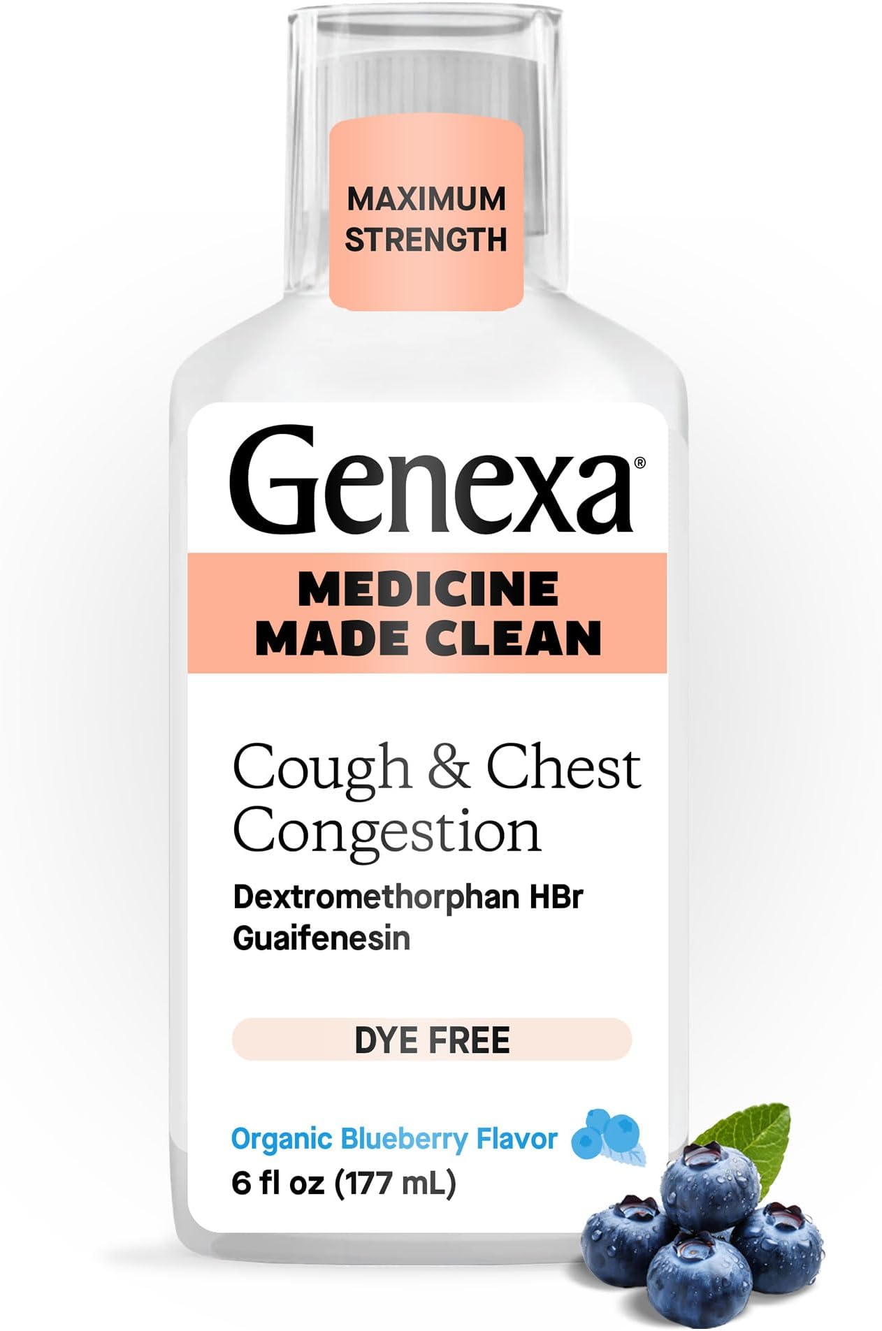 Clean Cough & Chest Congestion Relief, Dye Free, 0% Artificial Additives, Multi-Symptom Maximum Strength Relief Cough Syrup, Cough Suppressant & Expectorant, Organic Blueberry Flavor, 6 fl oz