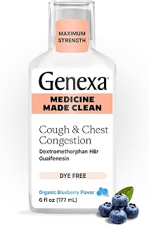 Genexa Clean Cough & Chest Congestion Relief, Dye Free, 0% Artificial Additives, Multi-Symptom Maximum Strength Relief Cough Syrup, Cough Suppressant & Expectorant, Organic Blueberry Flavor, 6 fl oz
