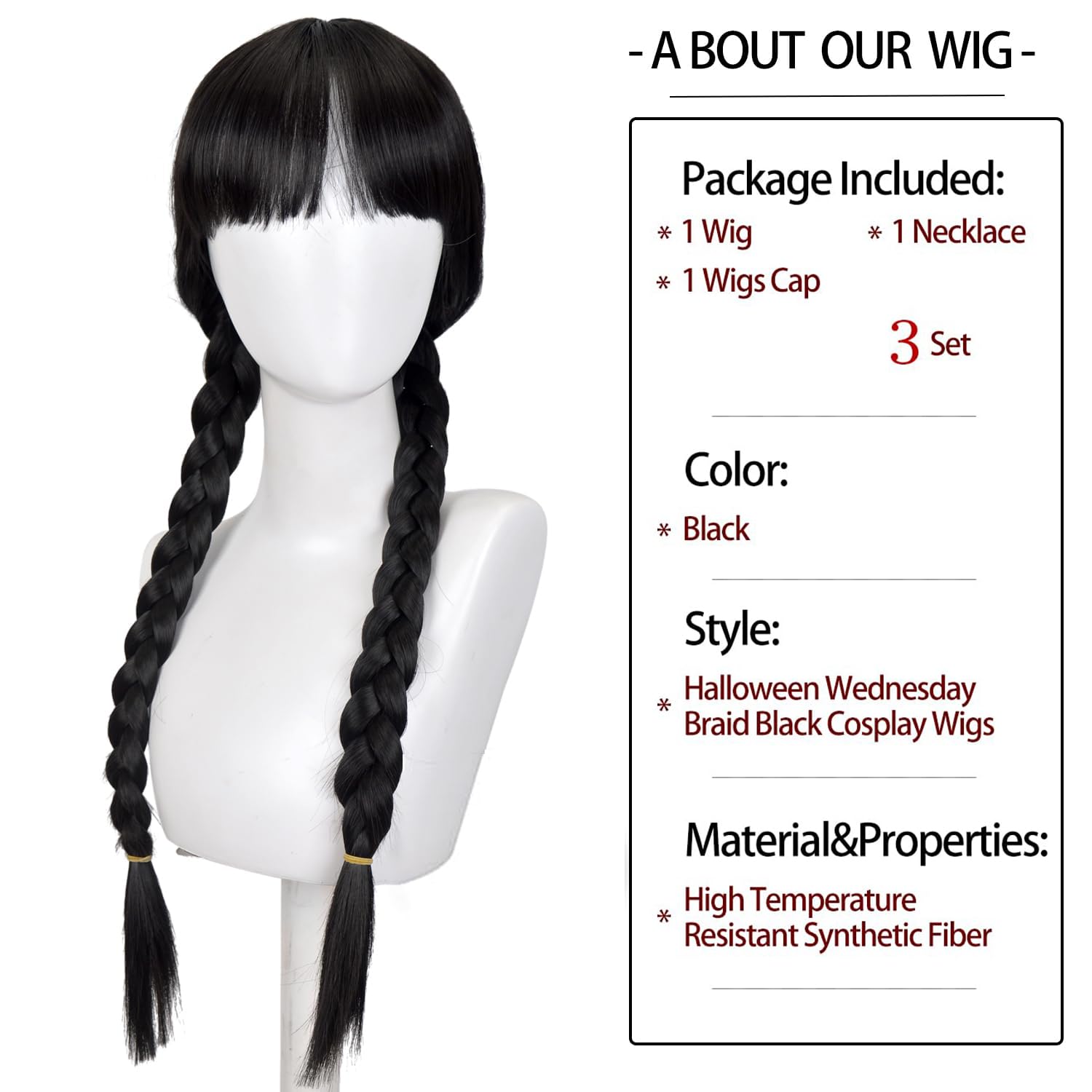 PORSMEER Wednesday Long Braided Wig with Necklace Adams Ghosts Costume Wig for Women Halloween Gothic Costume Hair School Role-Playing Party - Image 3