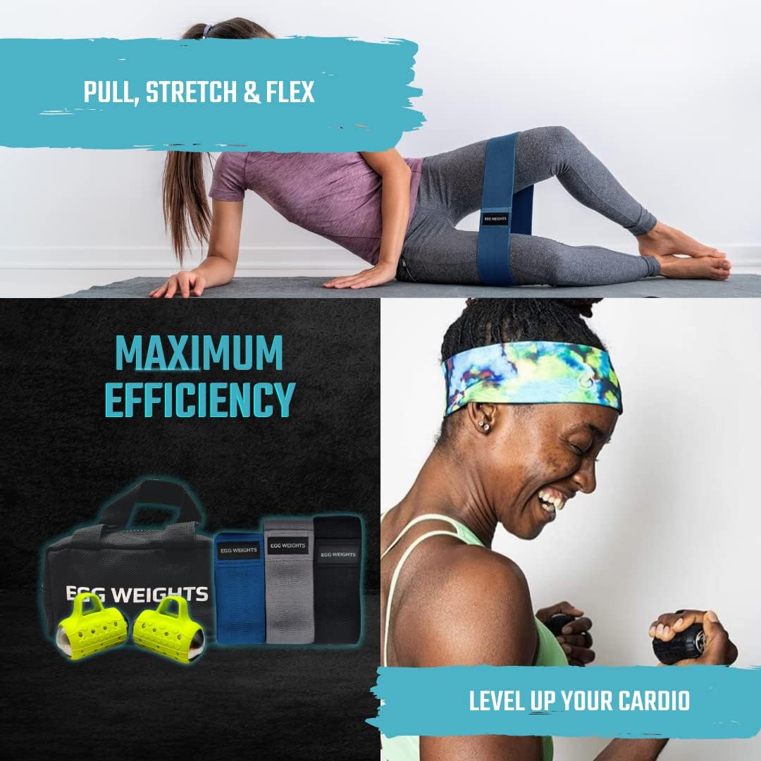 Egg Weights Cardio Max 3.0 lb Hand Dumbbell Set of 2 (1.5 lb Each Egg Weight) + Fabric Resistance Bands Set of 3 for Fitness, Workout, Shadowboxing, Yoga, and More for Men and Women