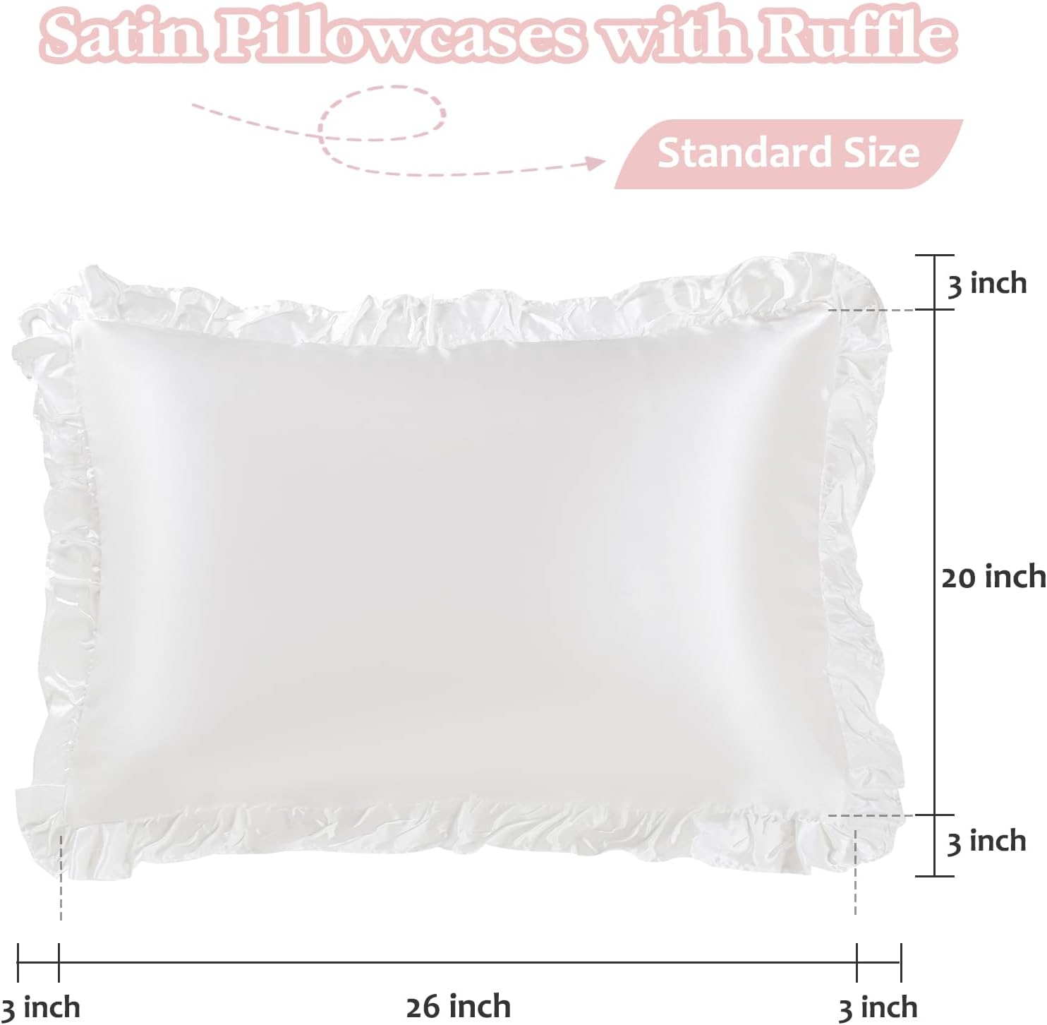 Ruffle Satin Pillowcases Set of 2, White Silk-Like Pillow Covers with Envelope Closure, Soft for Hair and Skin, Standard 20x26 Inches, Wrinkle-Resistant Bedroom Decor