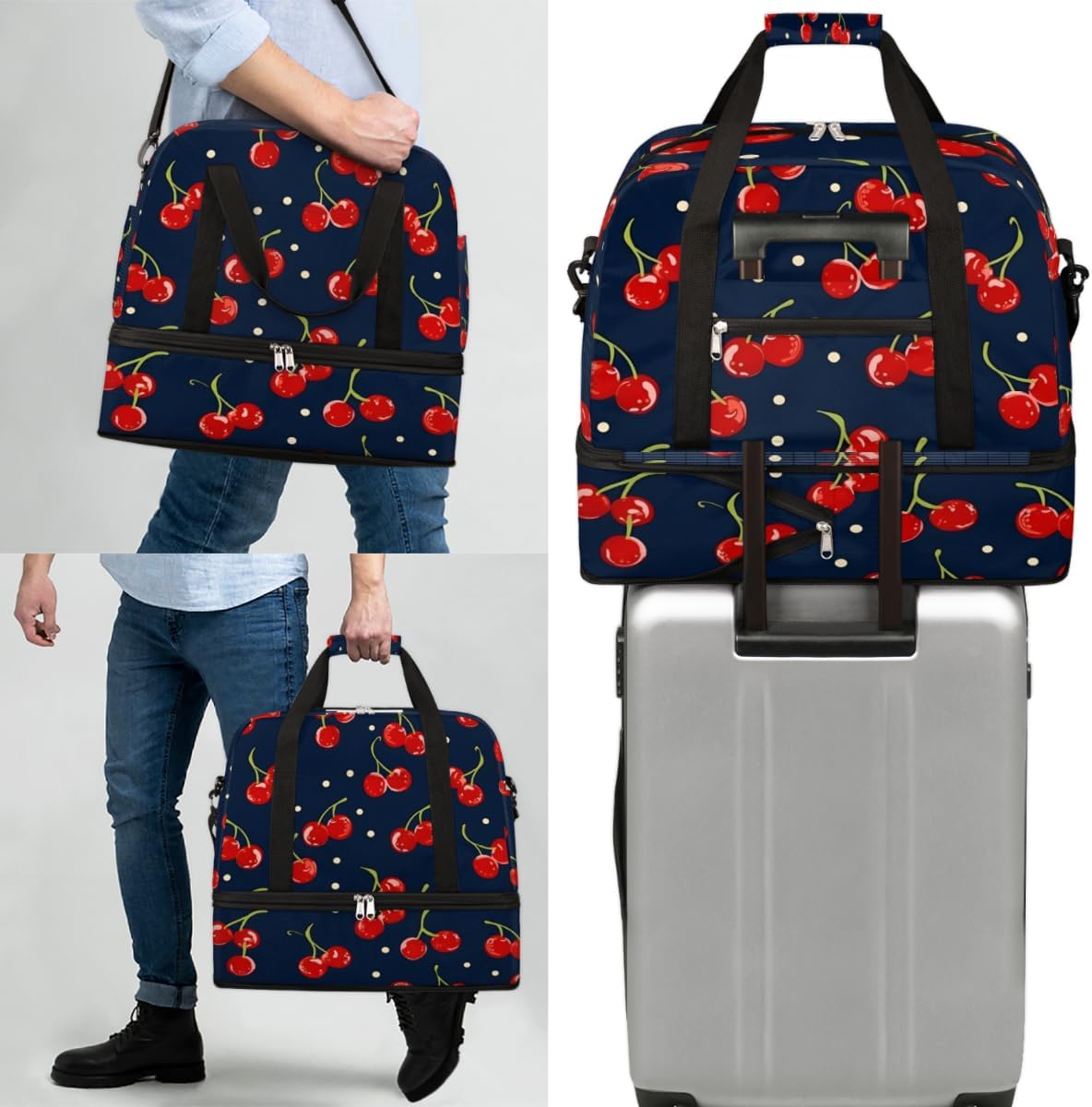 QsirBC Cherry Decor Design Gym Bag for Women Duffle Tote with Shoes Compartment Men Weekender Duffel for Dance Travel Sports Swimming Overnight