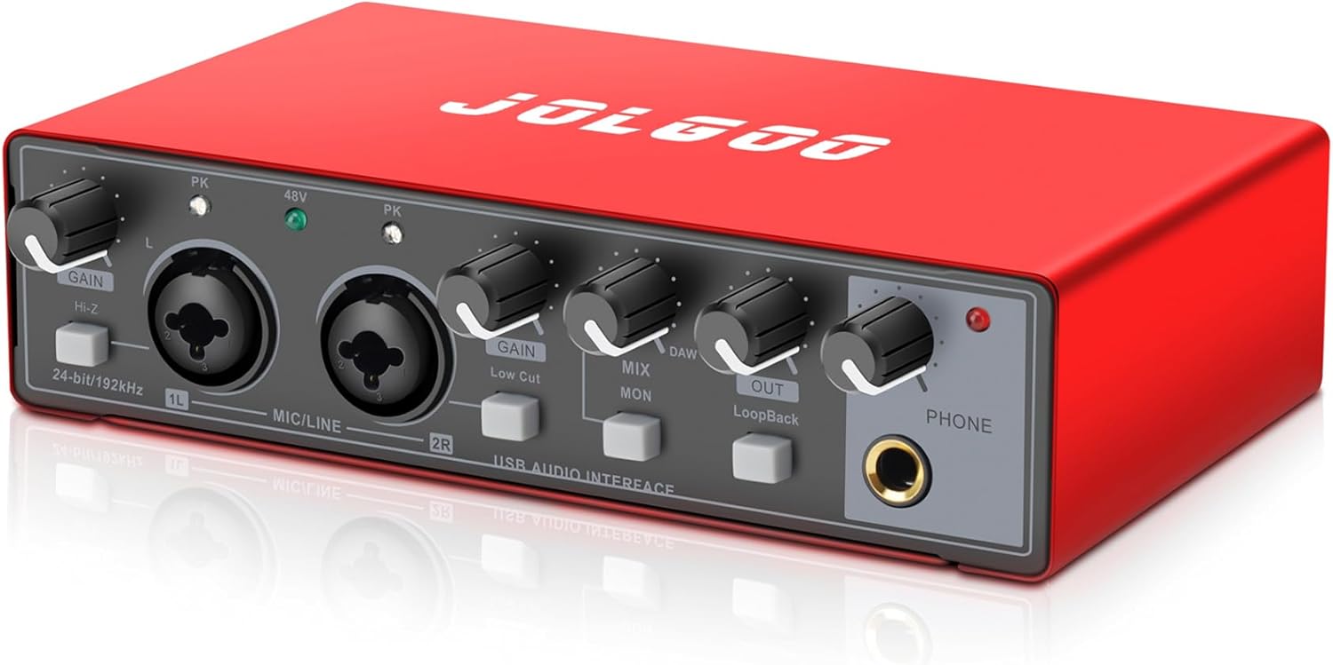 USB Audio Interface, Red 24-Bit/192kHz Plug & Play Sound Card for Recording – XLR/Line In, Headphone Out, Low Latency, Compatible with PC, Mac, Smartphone