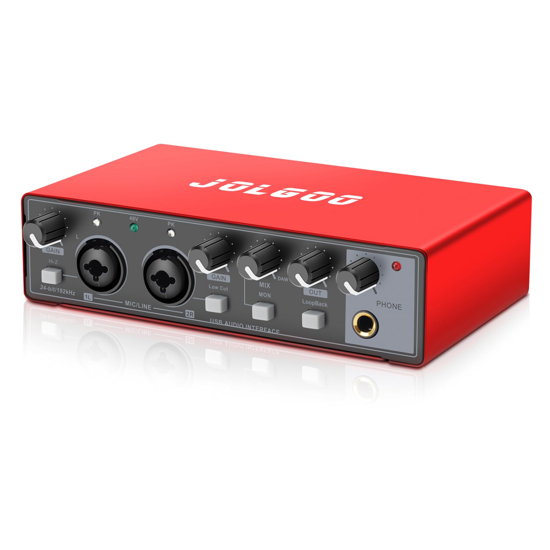 Interfaccia audio USB, scheda audio Plug & Play a 24 bit/192 kHz rossa per registrazione - XLR/Line In, uscita cuffie, bassa latenza, compatibile con PC, Mac, smartphone