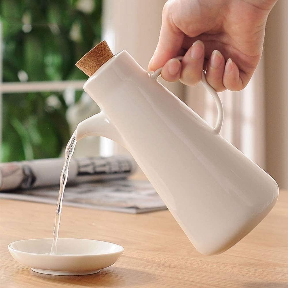 Olive Oil Bottle or Vinegar Bottle Drizzler Olive Oil Dispenser Bottle Ceramic White Oil Bottle with Cork and Labels Soy Sauce Vinegar Cruet Liquid Condiment Di