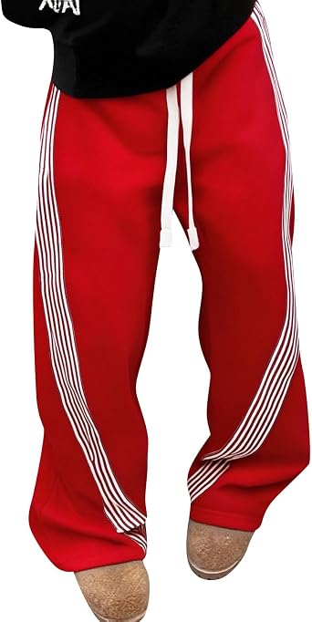 FQZWONG Mens Baggy Sweatpants Y2K Drawstring Elastic Waist Striped Pants Straight Mid Length Trousers Yoga Jogging Pant