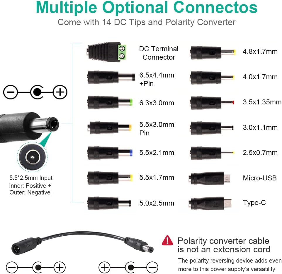 Diagram showing 14 DC tips and polarity converter cable