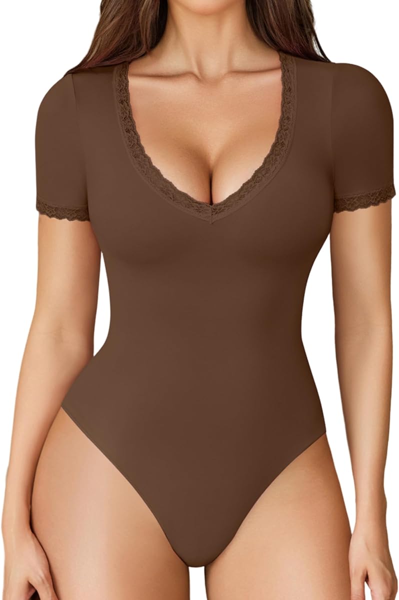 Avidlove Body de manga corta para mujer de encaje con cuello en V, traje de cuerpo con doble forro, camiseta sexy para salir