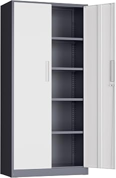 72 Metal Storage Cabinet, Lockable File Cabinets with 2 Doors and 4 Adjustable Shelves, Steel Tool Cabinets with Lock for Office, Home, Gym, Grey White-Small