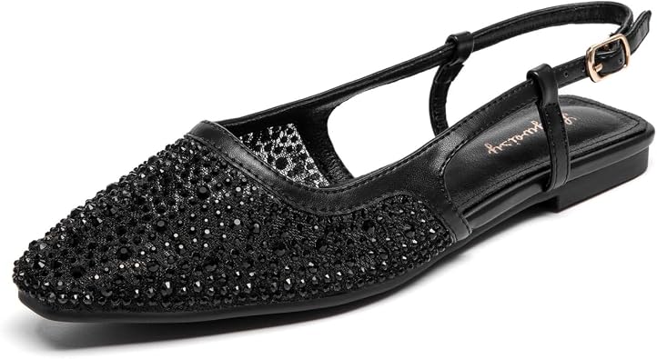 Lryweisy Womens Flats Sparkly Pointed Toe Dress Shoes Ankle Strap Buckle