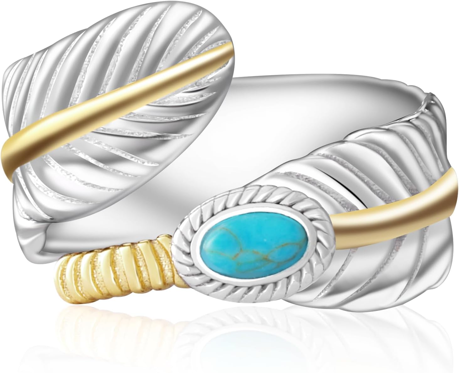 Feather Turquoise Ring for Women - Sterling Silver Western Thumb Adjustable Ring Vintage Boho American Native Band Rings Indian Jewelry Gifts for Women