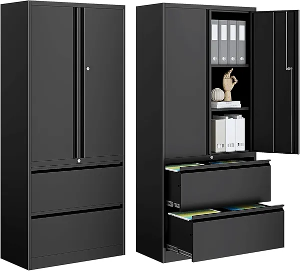 PEUKC 2-Drawer Metal File Cabinet, Lateral Vertical Filing Cabinets for Home Office, Locking File Cabinet with Storage Shelves, Legal/Letter/A4 Size Office File Cabinet, (Black, Assemble Required)
