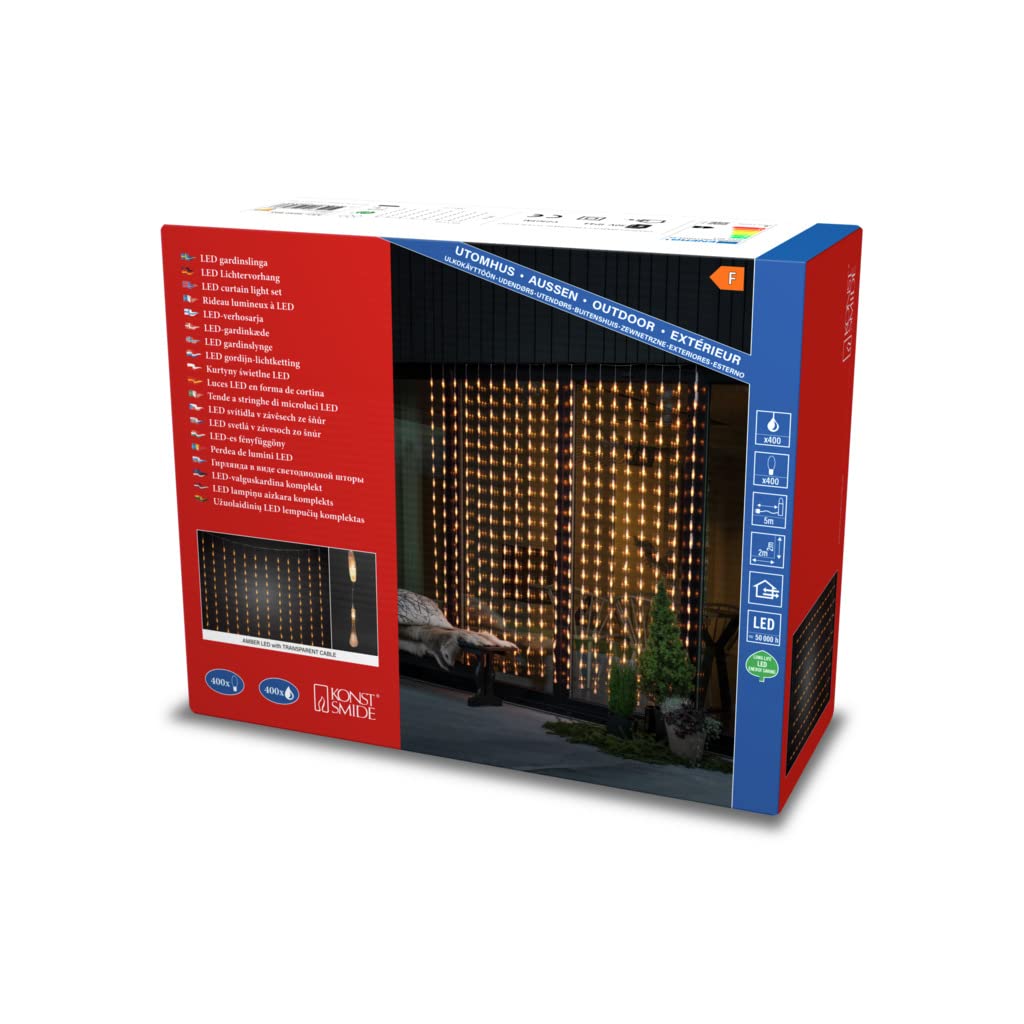 Konstsmide 4052-803 - Cortina de luces led (400 diodos ámbar, 30 V, para exteriores, IP44, cable transparente)