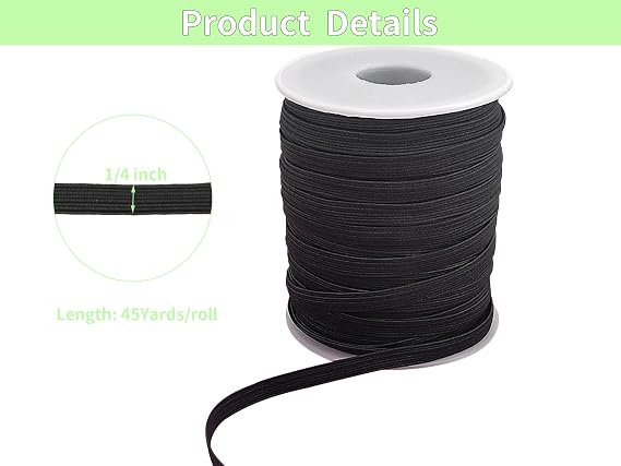 6mm Black Flat Elastic Band 1/4 inch 45 Yards Thin Elastic Knit Heavy Braided Stretch Elastic Strap Cord Rope Elastic Thread for Sewing-Waistband-Swimwear-Mask