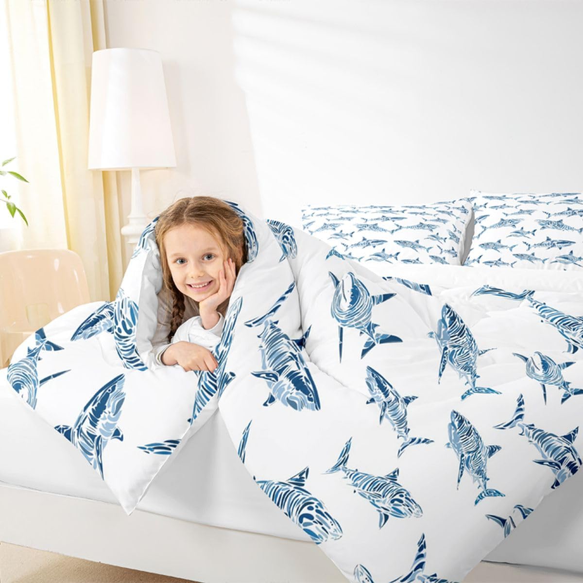 Erosebridal Shark Bedding Set Full Ocean Life Comforter Set for Child Boys Blue Watercolor Hand Drawn Cartoon Sharks Down Comforter Underwater Sea Wild Animals Fish Room Decor Marine Life Duvet Set