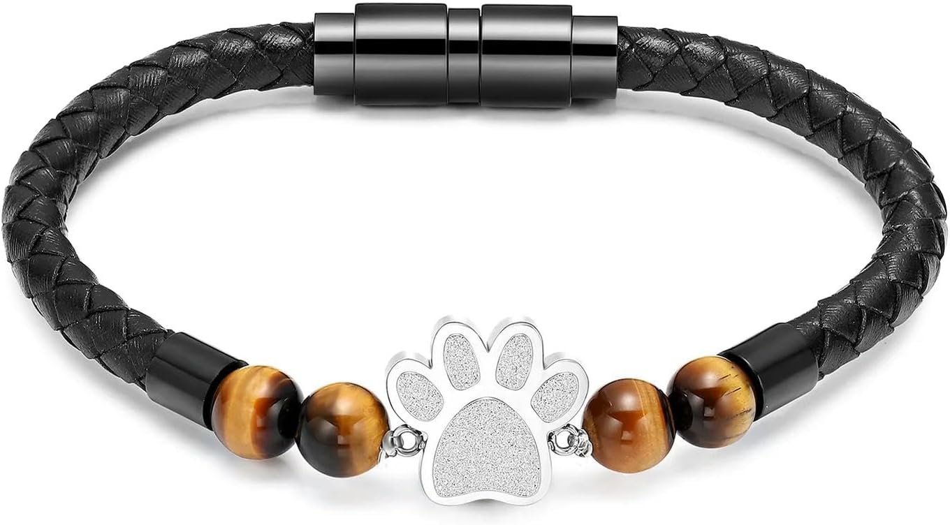 Pet Cremation Jewelry Paw Print Urn Bracelet for Ashes Leather Wristband Cuff Bangle Keepsake Dog Cat Memorial Gift-Silver-22cm