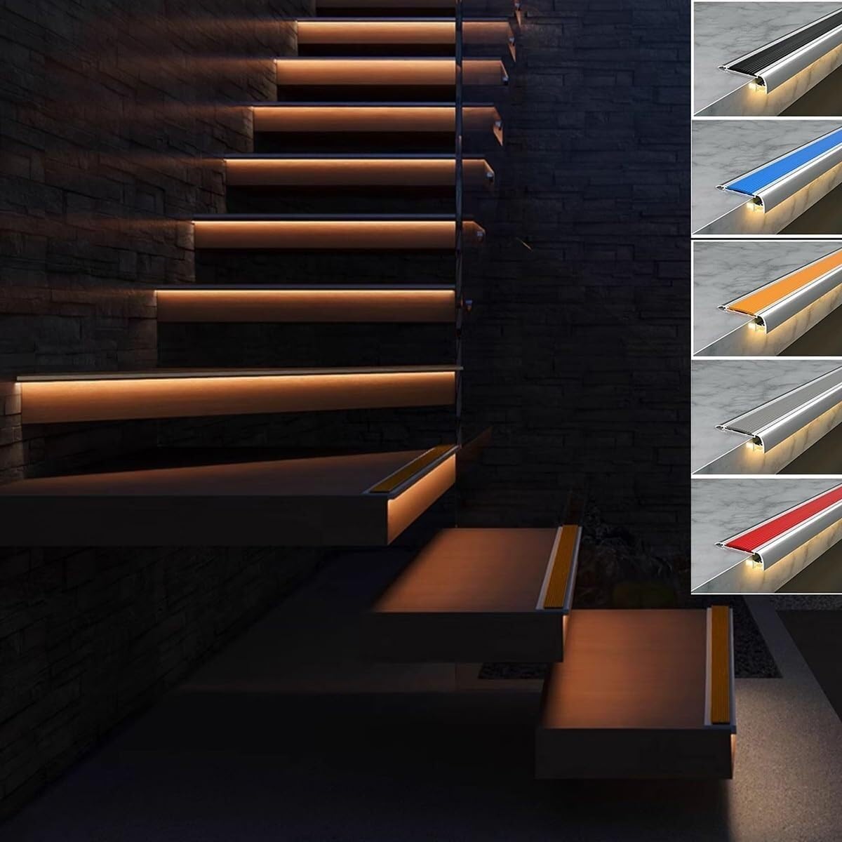 Perfil Antideslizante para Escaleras de Aluminio con Ranura para Tira LED, Zócalo en L con Tira de Goma Antideslizante para Seguridad en Hogar, Oficinas y Uso Comercial(Negro,150cm/59in)