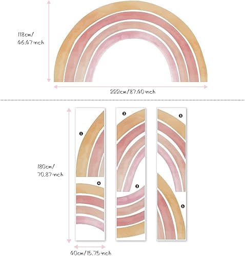Miniatura 6 de Calcomanías de pared de tela grande estilo bohemio medio arco iris, despegar y pegar, acuarela, coral, melocotón, rosa, arco iris, calcomanías de
