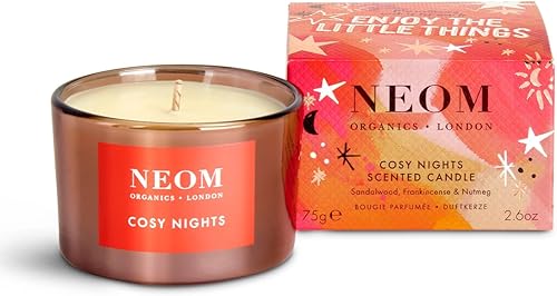 NEOM - Vela perfumada de lujo Cosy Nights  Sándalo, incienso y nuez moscada  Vela de aromaterapia de aceite esencial  Regalo... (tamaño de viaje)