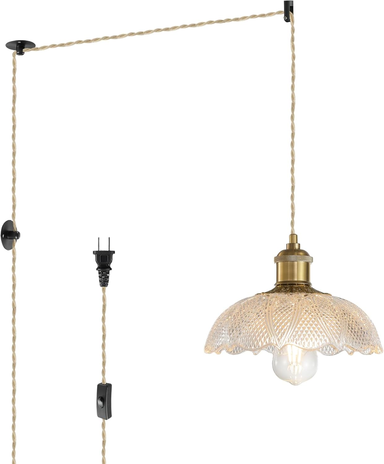 Plug in Pendant Light Fixtures, Plug in Hanging Lamps Glass Hanging Lights, Pendant Lighting for Kitchen Island, Bedroom, Dining Room, Living Room, E26 No Bulb