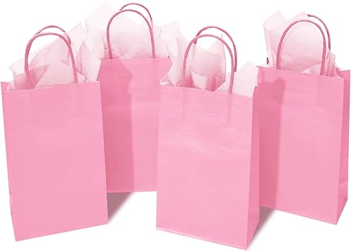 DjinnGlory Paquete de 24 pequeñas bolsas de regalo de papel rosa con asas y 24 papel de regalo de seda rosa para cumpleaños, boda, baby shower,