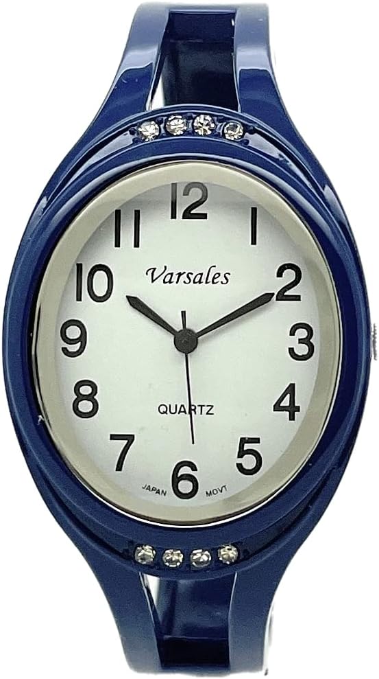 VERSALES Ladies Elegant Oval Metal Bangle Cuff Fashion Analog Quartz Watch with Rhinestones White Dial with Easy to Read Black Numbers Black Hour Minute Second Hands Varsales