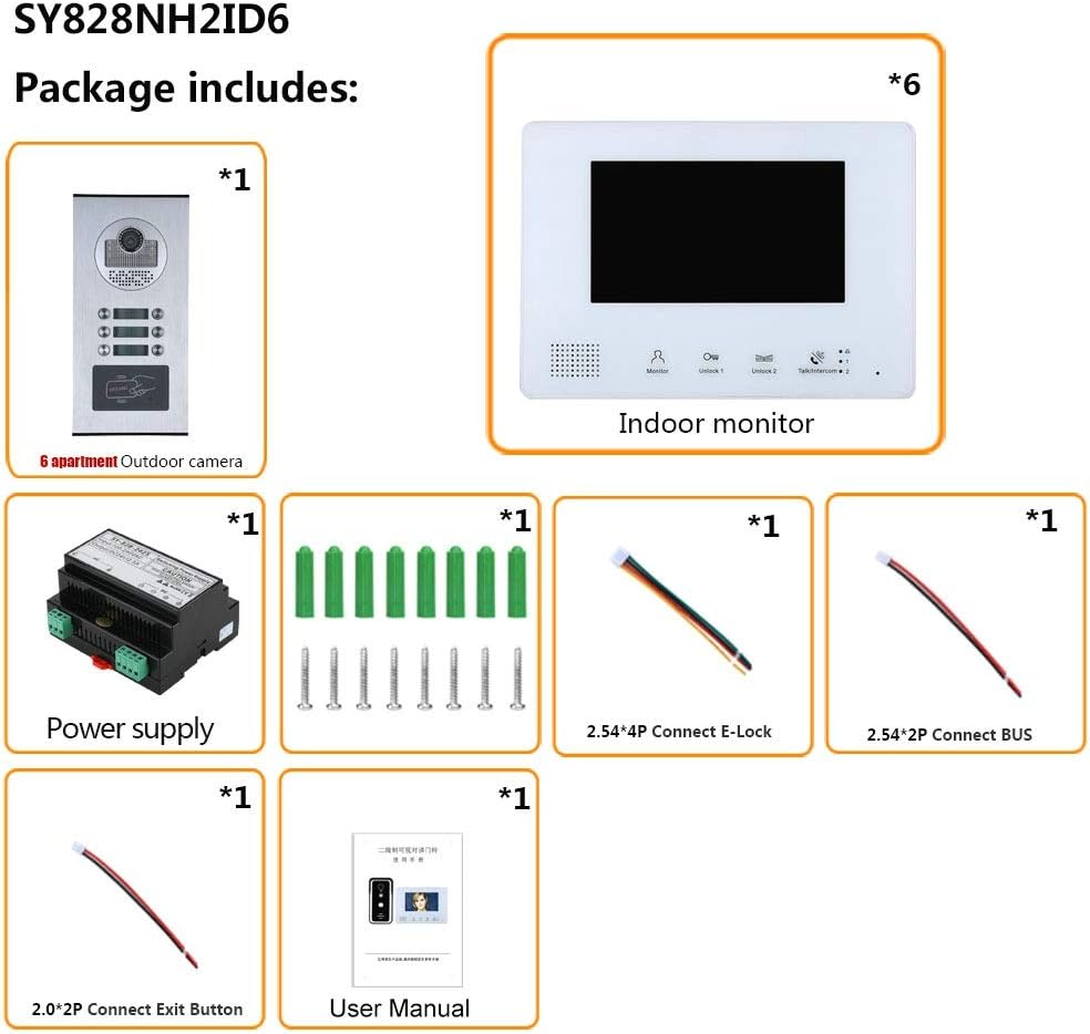 7 Inch Bus 2 Wire Video Door Phone Intercom Systems Kit for Home 6 Units Apartment Night Vision