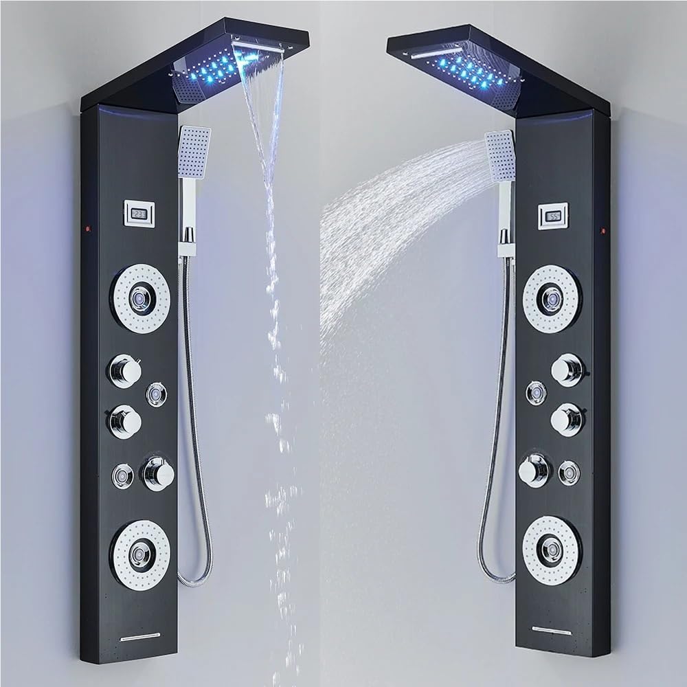 LED Shower Panel Waterfall Rain Faucet Set SPA Massage Jet Bath Column Temperature Display Mixer Tap Tower(8029 Black)