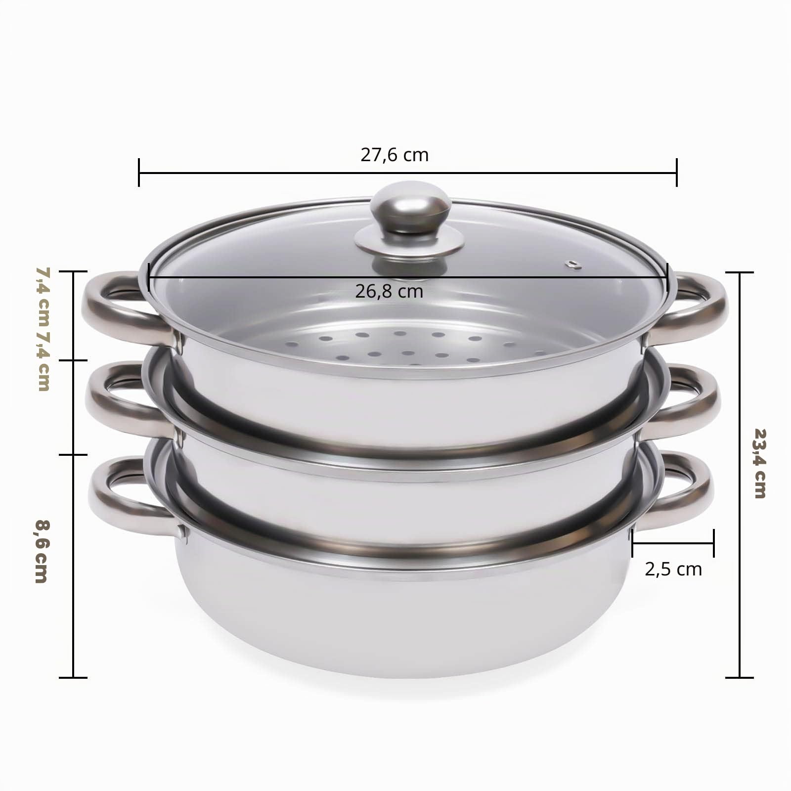 Set di pentole a vapore in acciaio inox a 3 ripiani, adatte a induzione, con coperchio in vetro e 3 strati, 28 cm, per verdure/carne/riso, fornello a vapore multifunzione