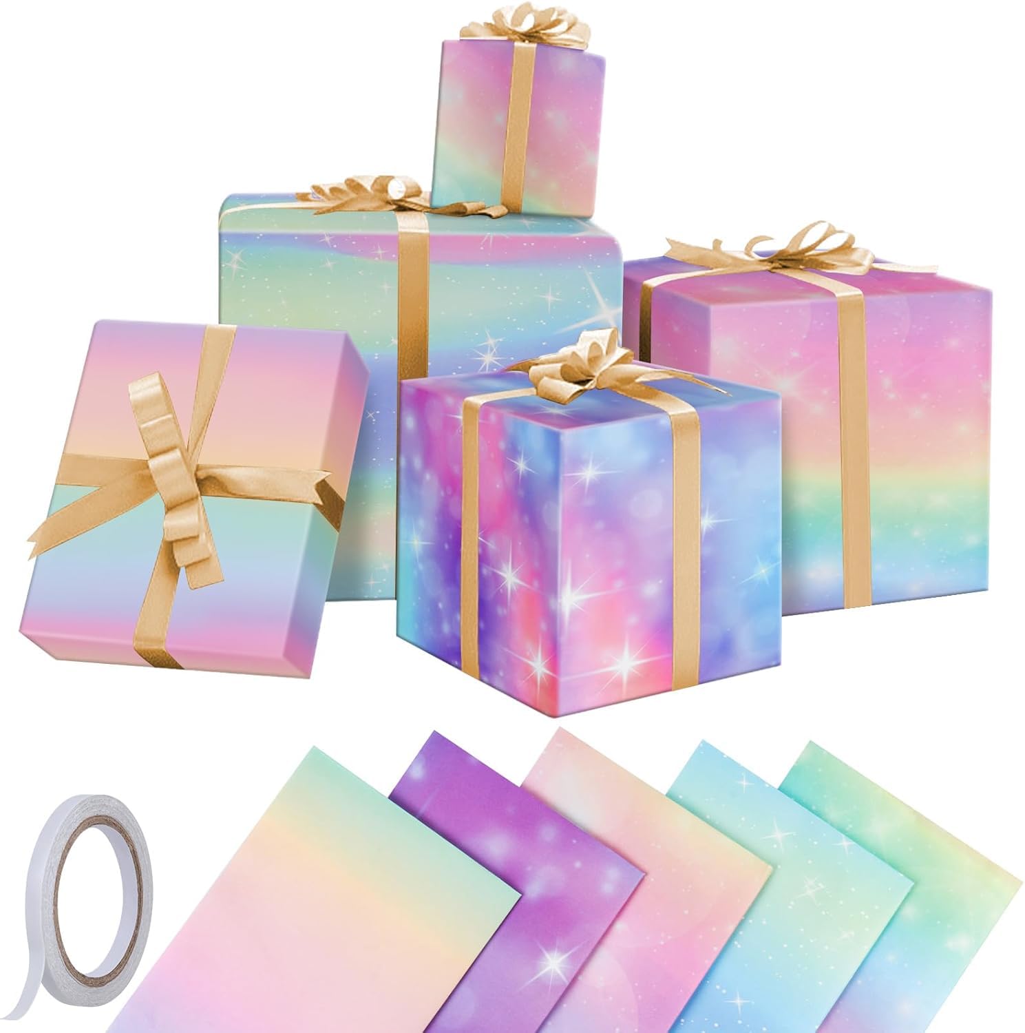 GAOHUI Wrapping Paper, Rainbow Gradient Birthday Wrapping Paper, Gift Wrap for Christmas, New Year, Mothers Day, Valentine Day, Birthday for Women and Girls, with Tape