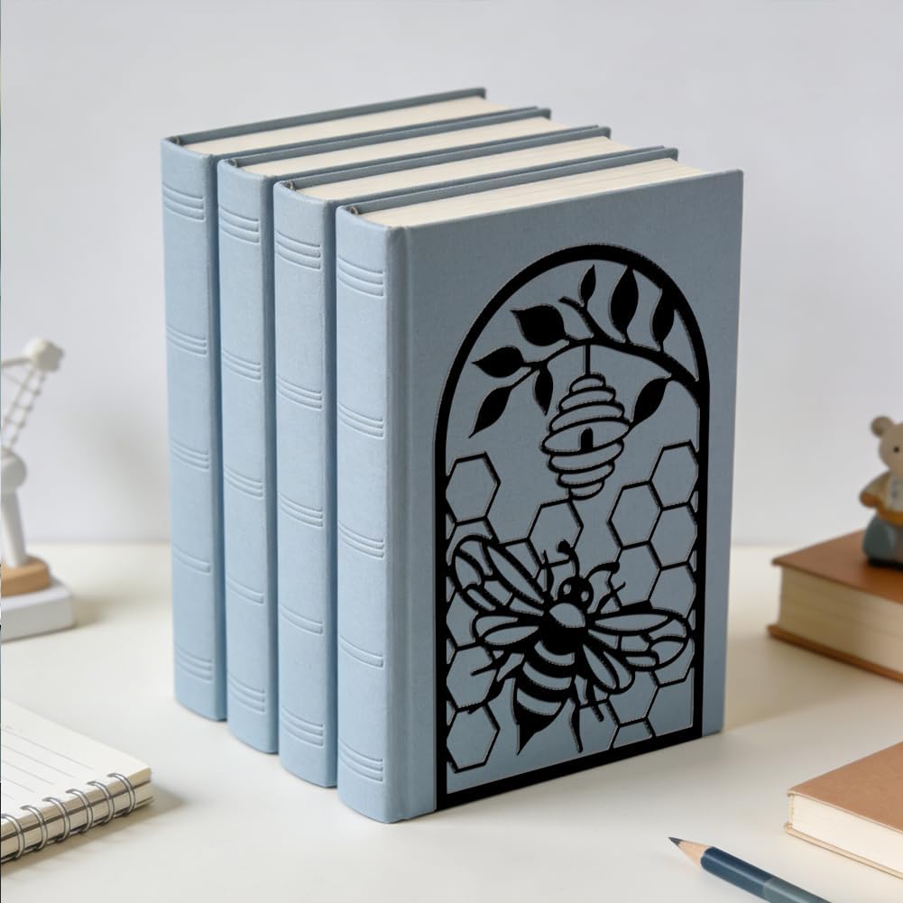 WADORN 1 Pair Honey Bees Honeycomb Metal Decorative Bookend for Shelves, Heavy Duty Book Ends Modern Non-Skid Book Holder Unique Design Books Stoppers for Desk School Library Home Office CDs File