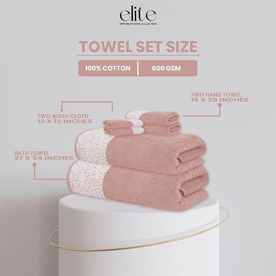 ELITE 6-Piece Jacquard Bath Towel Set 100% Cotton 600 GSM Luxury Towels Soft, Absorbent & Quick Dry Bath Towels, Hand Towels & Washcloths with Elegant Floral Design, Gift Ready (Dusty Pink)