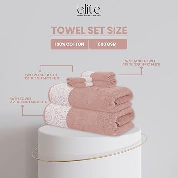 ELITE 6-Piece Jacquard Bath Towel Set 100% Cotton 600 GSM Luxury Towels Soft, Absorbent & Quick Dry Bath Towels, Hand Towels & Washcloths with Elegant Floral Design, Gift Ready (Dusty Pink)