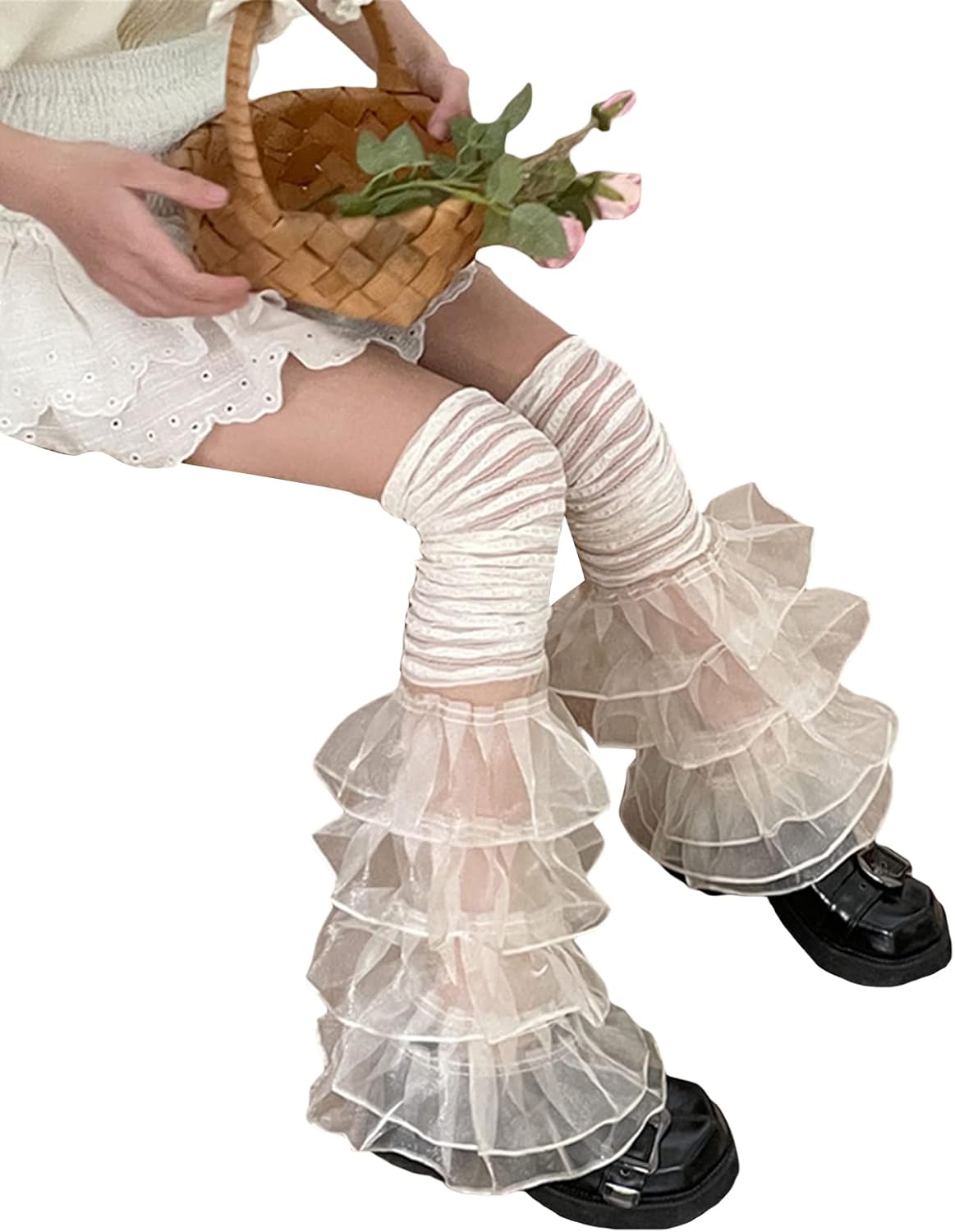 SOLILOQUY Women Y2K Ruffle Lace Leg Warmer Kawaii Lolita Long Thigh High Socks Harajuku JK Tiered Sheer Tulle Boot Cuff Cover image 4