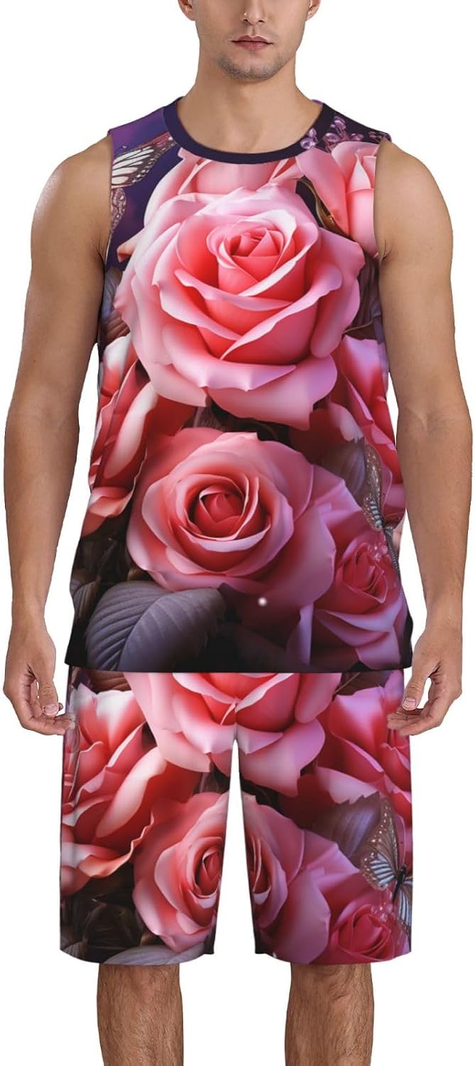 Mens Basketball Jerseys Rose and Butterflies Uniform Suit Mesh Sports Jersey Outfits T-Shirt and Short Sets, Small, Black