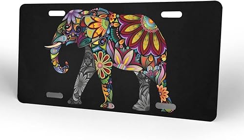 Miniatura 2 de Placa de matrícula decorativa de aluminio con diseño de mandala floral y elefante alegre, placa de metal divertida para automóvil, 6 x 12 pulgadas,