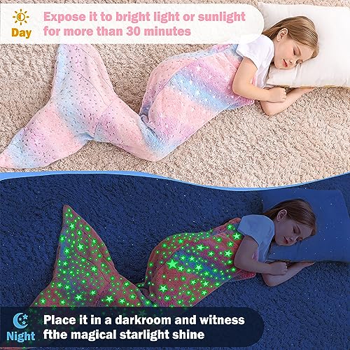 Viviland Kids Mermaid Tail Blanket - Mermaid Tail Blankets Glow in The Dark - Flannel Mermaid Blanket Gifts for Girls - Luminous Star Super Soft Tie Dye Girls - Multicolor Star 17"×39" by Viviland - Used condition - Image 2