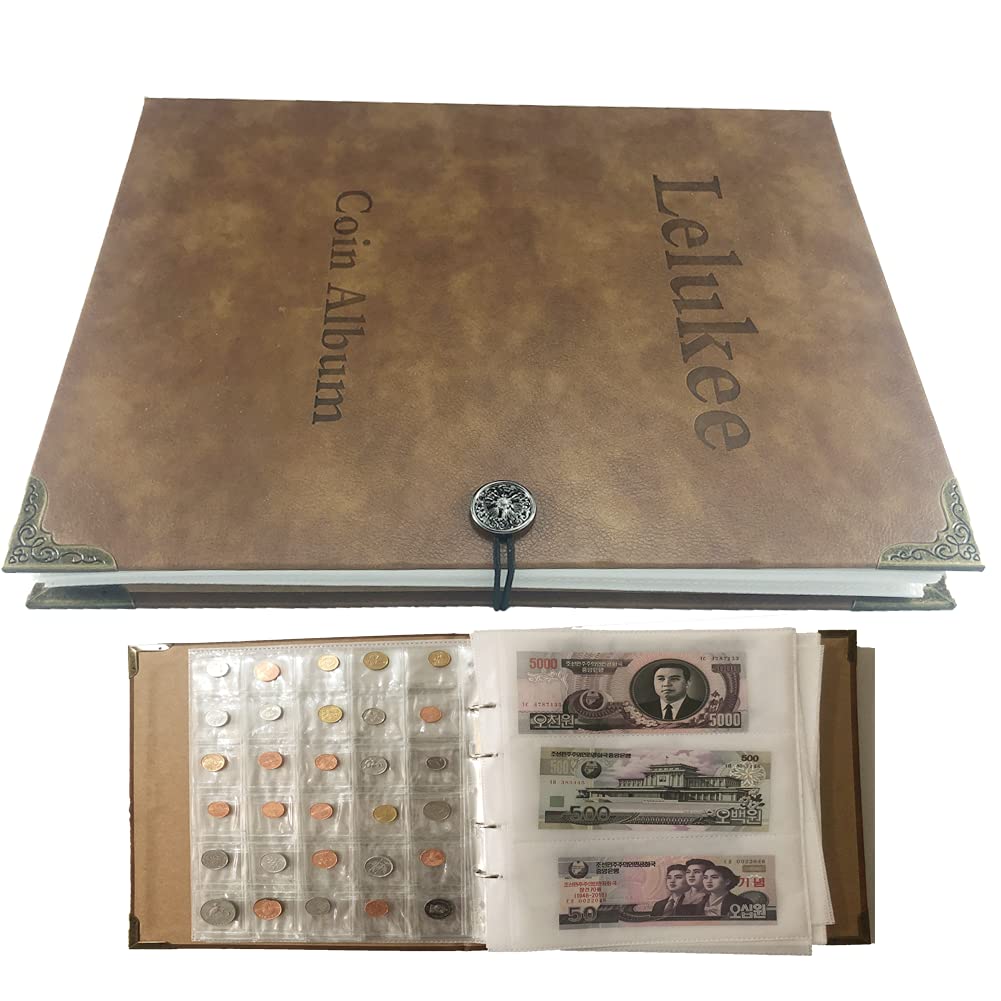 LelukeeCollector Wallet Banknote Album Holds 240 Banknotes + 150 Coin Compartments Banknote Commemorative Coins Moisture Resistant Leather Album Collecting Accessories