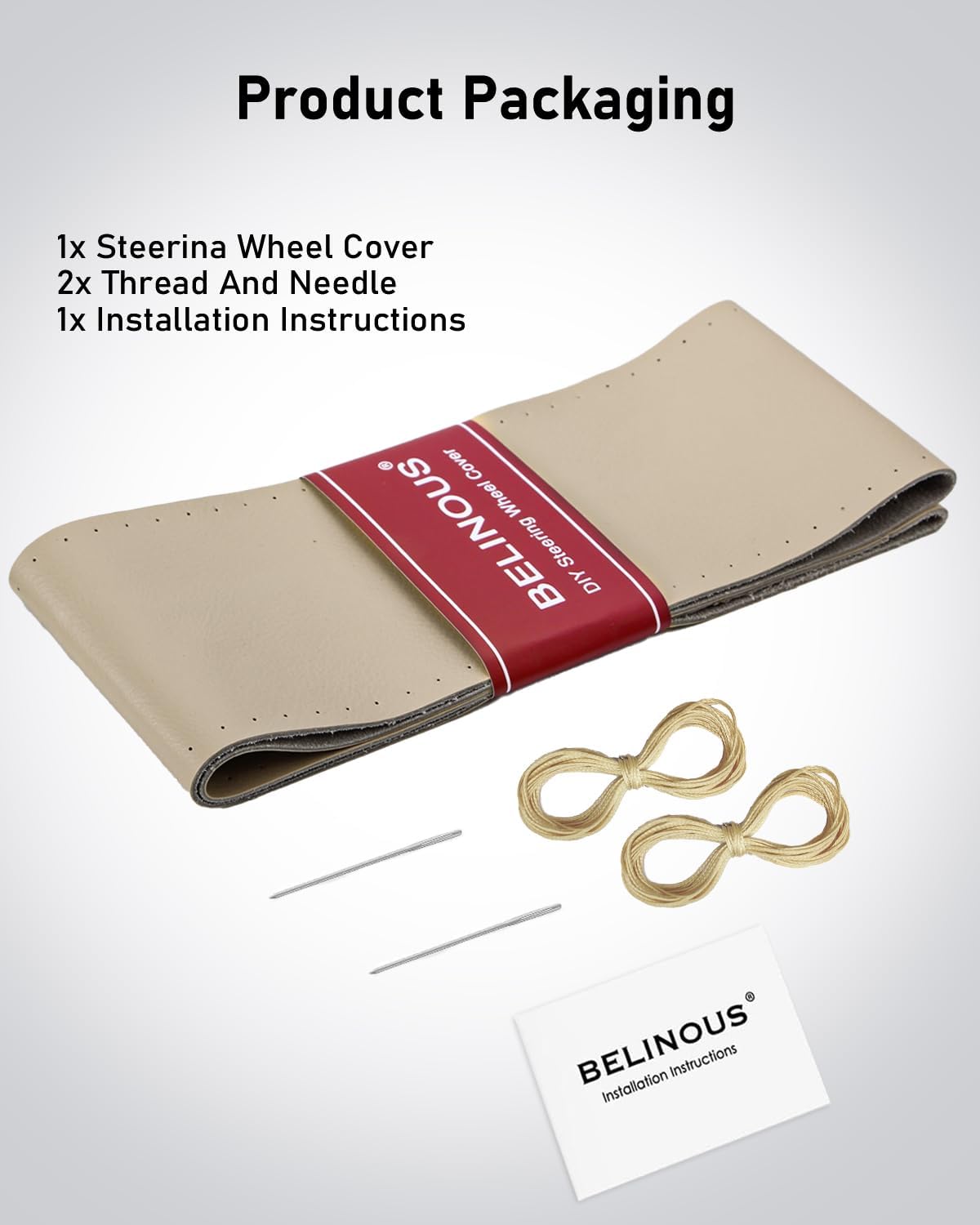 BELINOUS Leather Steering Wheel Cover Lace Up, Stitch on Steering Wheel Wrap, Universal Fit 13-20 Inch Car Truck Pickup Boat, A Whole Piece of Cowhide, DIY w/Needle Thread (Size M2, Light Beige)