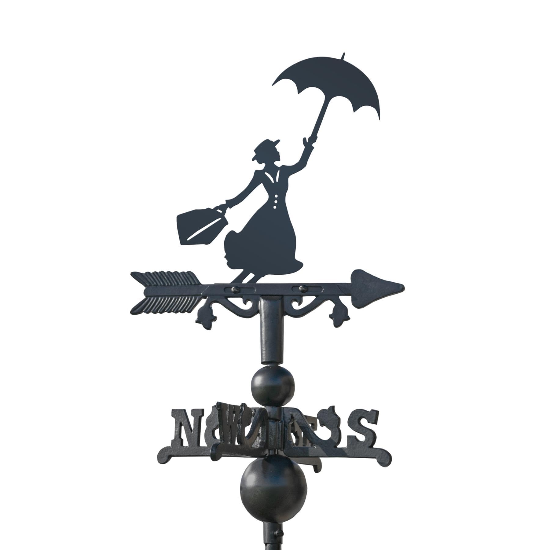 Black Country Metal Works Black Cast Iron Miniature Mary Poppins Weathervane - Outdoor Garden Roof Weathervane Ornament