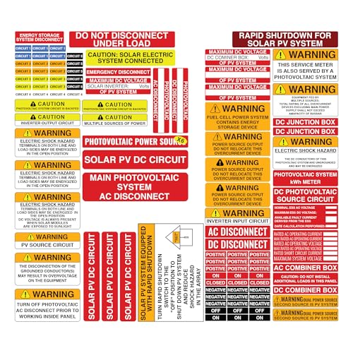 115 Pcs Solar Panel Stickers | Photovoltaic Solar System Warning Labels Kit | Durable, Self-Adhesive, Waterproof, UV Protected, Non-Rusting Vinyl Caution Signs | PV Safety Decals for Business, Residential and Commercial Use | Indoor and Outdoor Use
