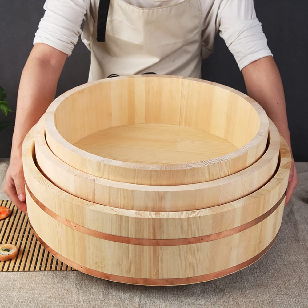 Adima Drewniana miska do mieszania ryżu Hangiri sushi do japońskiej restauracji sushi dom kuchnia sushi oke miedziane taśmy, 12 rozmiarów - drewno sosnowe, 36 x 9 cm