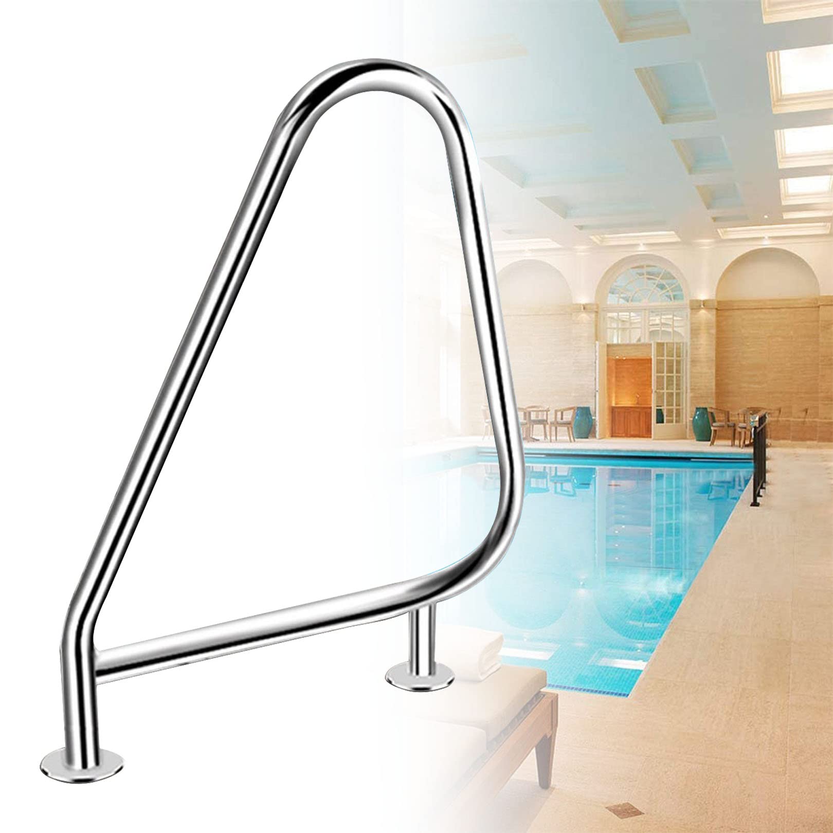 Pasamanos de piscina de acero inoxidable para piscinas enterradas y spas, barra de agarre curvada a prueba de óxido con placa base, barandilla de seguridad duradera para uso en interiores y exteriores